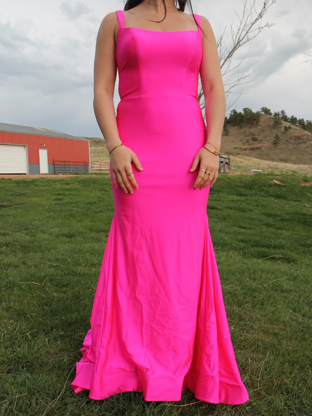 Sherri Hill Vibrant Hot Pink Square Neck Prom Gown